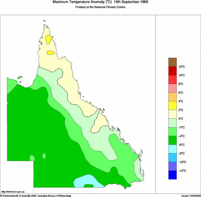 Daily maximum temperature anomaly for Queensland