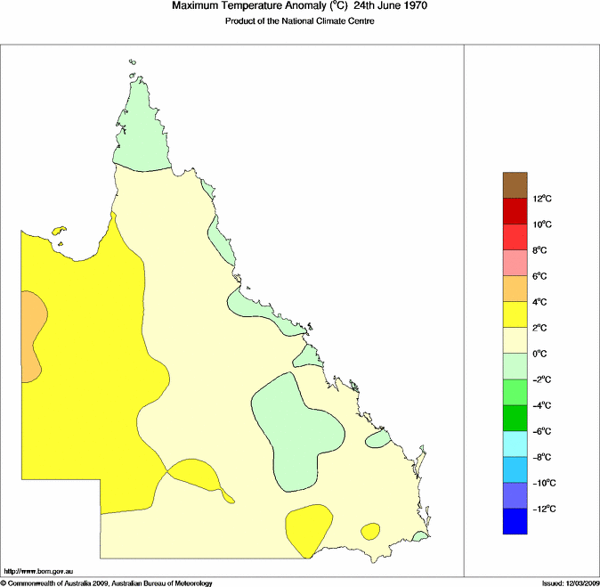 Daily maximum temperature anomaly for Queensland
