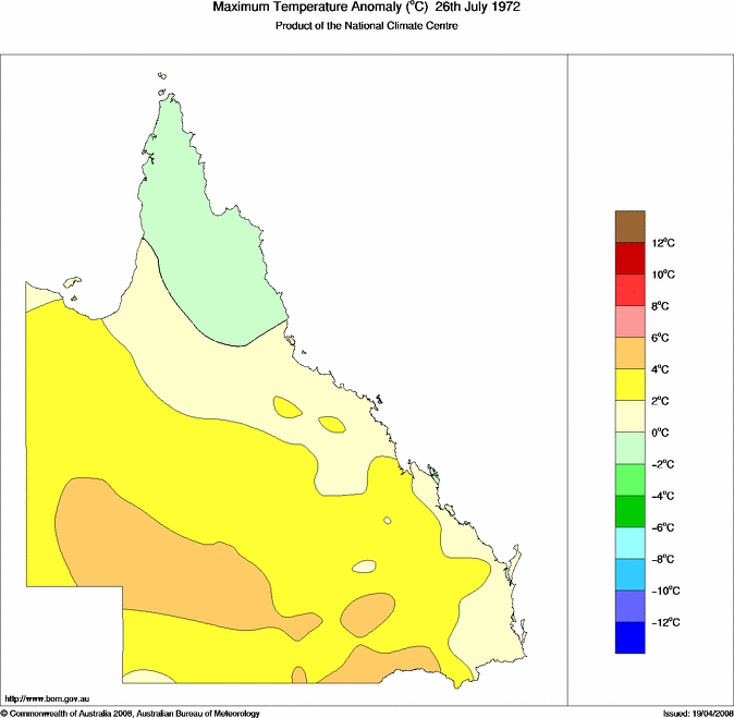 Daily maximum temperature anomaly for Queensland