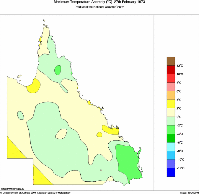 Daily maximum temperature anomaly for Queensland