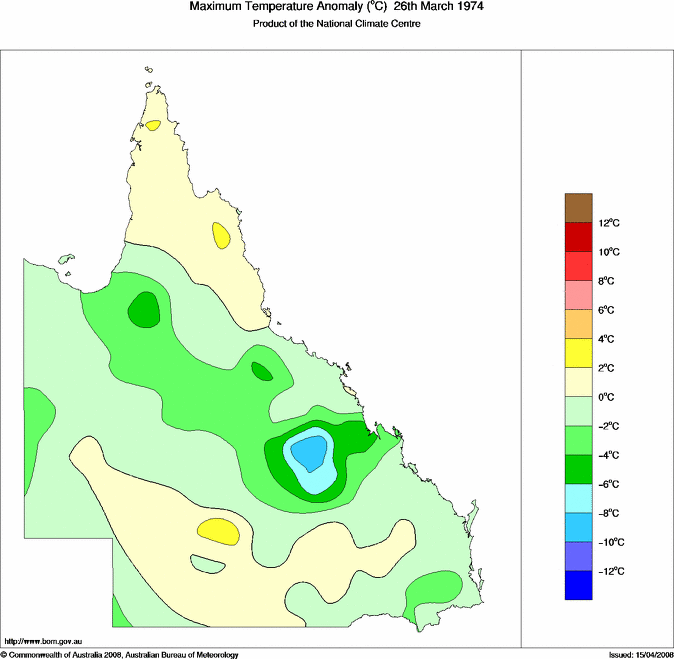 Daily maximum temperature anomaly for Queensland