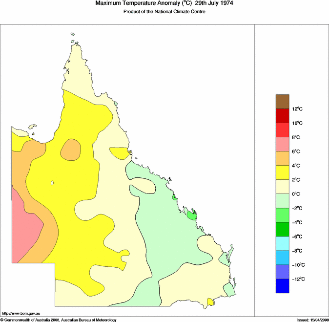 Daily maximum temperature anomaly for Queensland