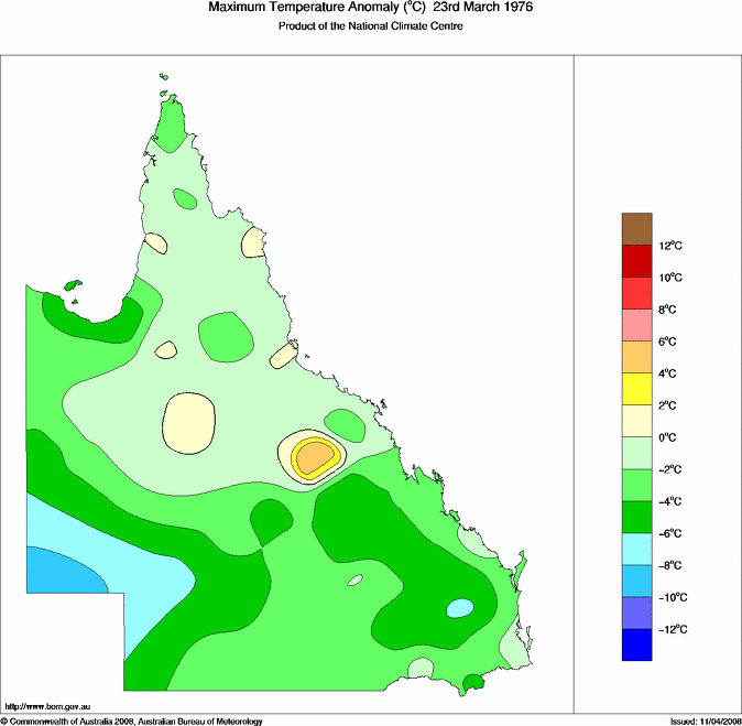 Daily maximum temperature anomaly for Queensland