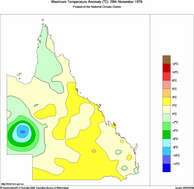 Daily maximum temperature anomaly for Queensland