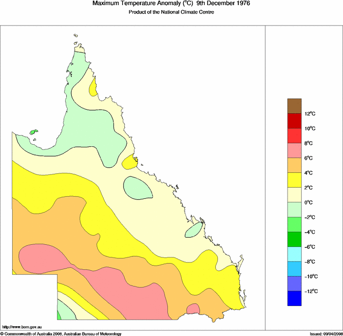 Daily maximum temperature anomaly for Queensland