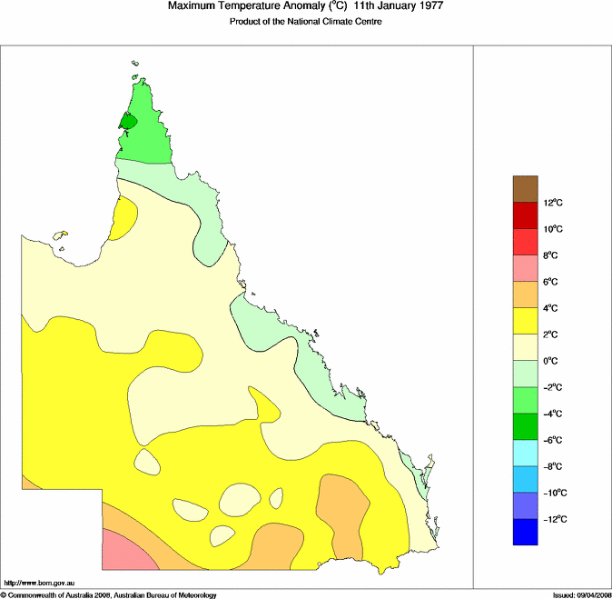 Daily maximum temperature anomaly for Queensland