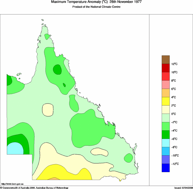Daily maximum temperature anomaly for Queensland