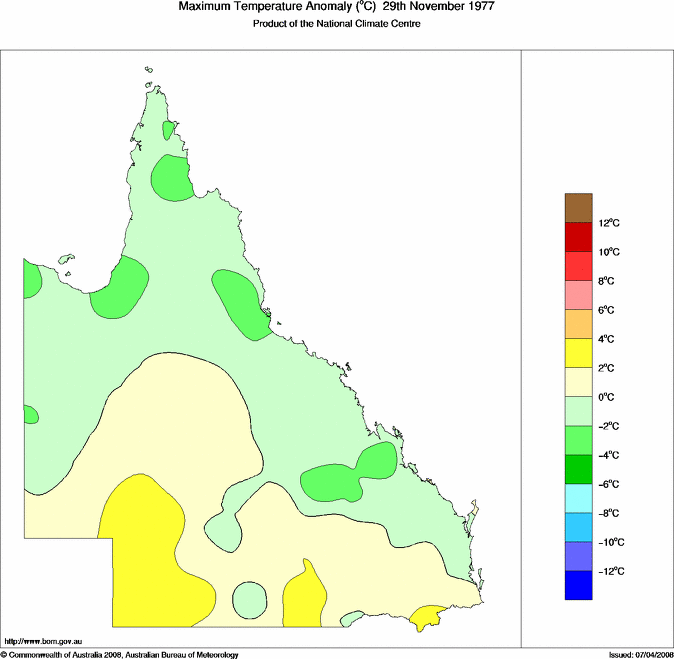 Daily maximum temperature anomaly for Queensland