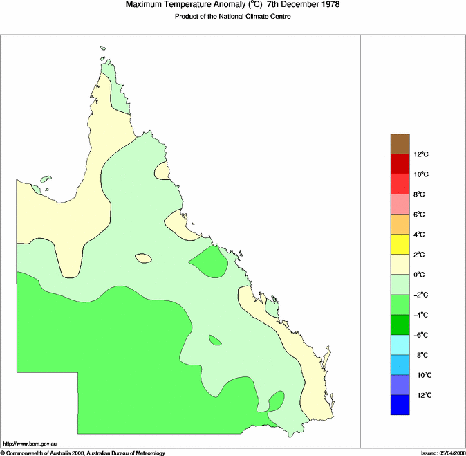 Daily maximum temperature anomaly for Queensland