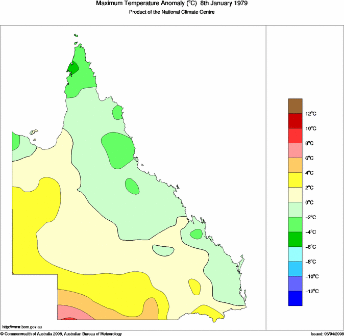 Daily maximum temperature anomaly for Queensland