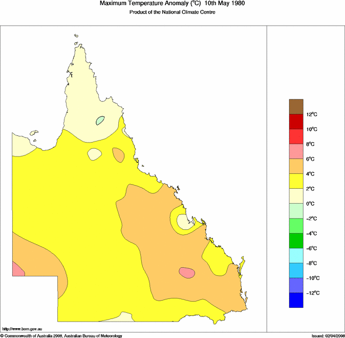 Daily maximum temperature anomaly for Queensland