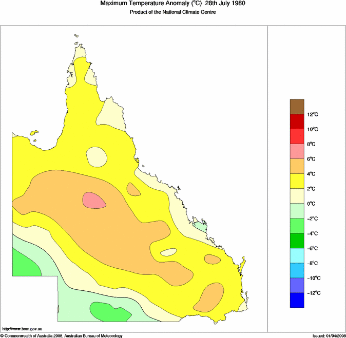 Daily maximum temperature anomaly for Queensland