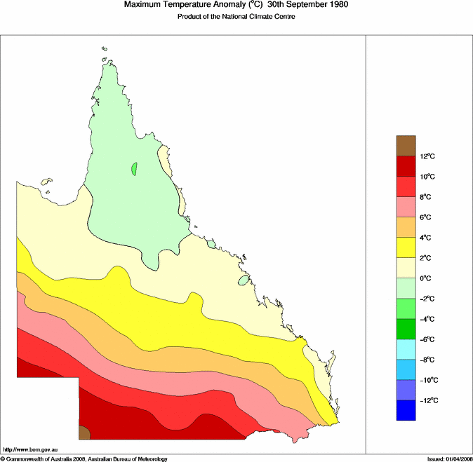 Daily maximum temperature anomaly for Queensland