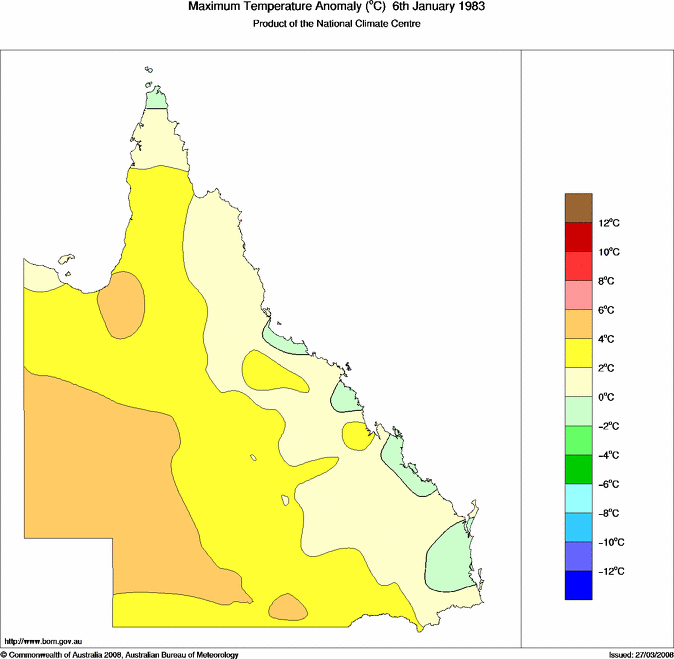 Daily maximum temperature anomaly for Queensland