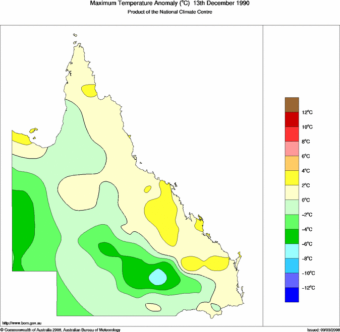 Daily maximum temperature anomaly for Queensland