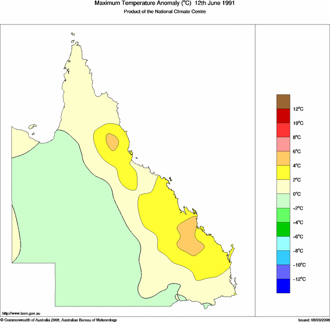 Daily maximum temperature anomaly for Queensland