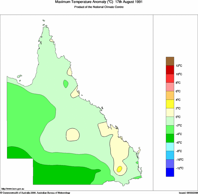 Daily maximum temperature anomaly for Queensland