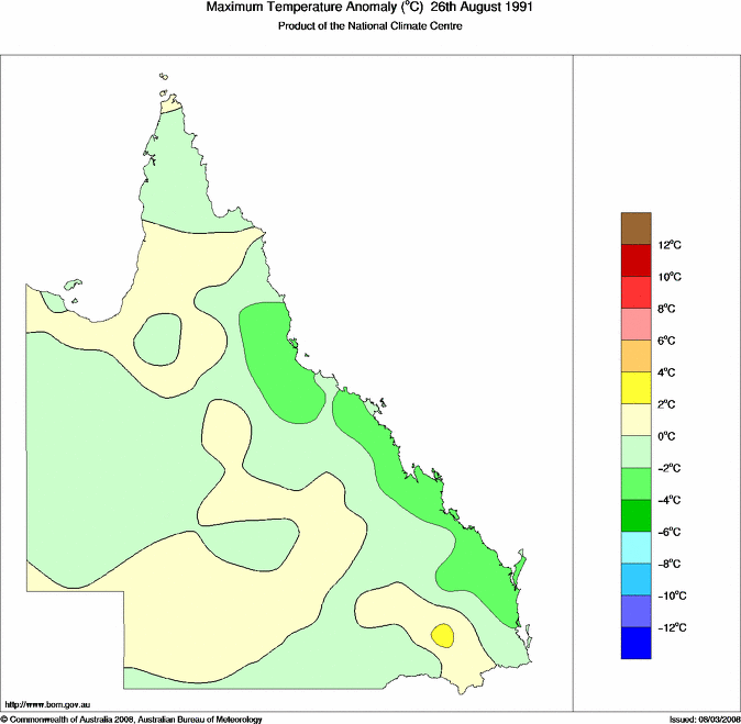 Daily maximum temperature anomaly for Queensland
