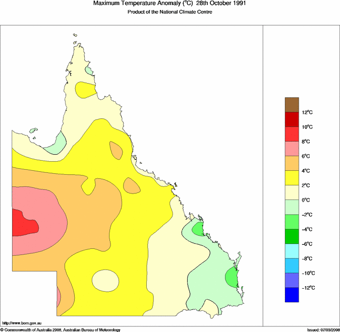 Daily maximum temperature anomaly for Queensland