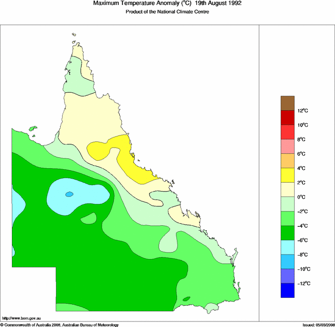 Daily maximum temperature anomaly for Queensland