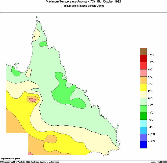 Daily maximum temperature anomaly for Queensland