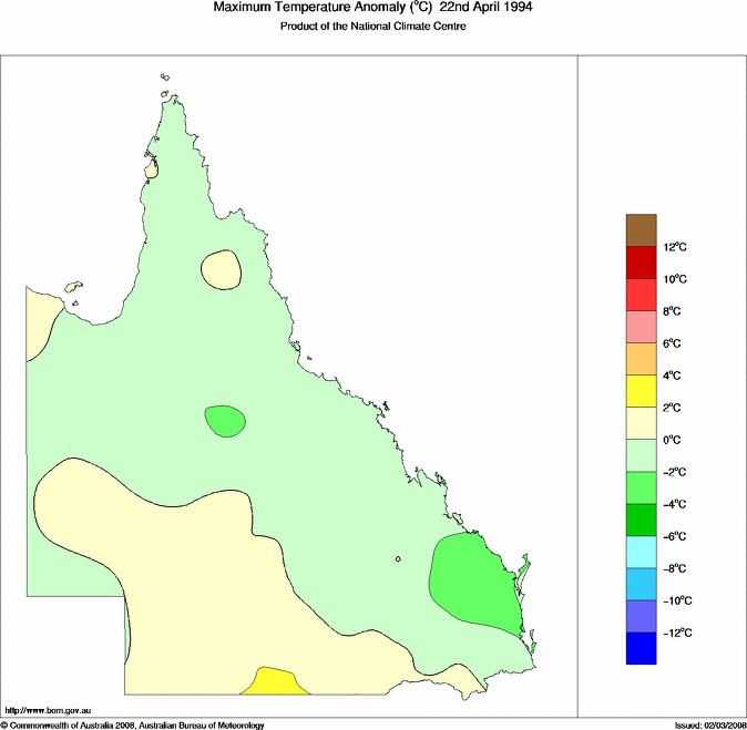 Daily maximum temperature anomaly for Queensland