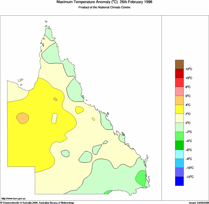 Daily maximum temperature anomaly for Queensland