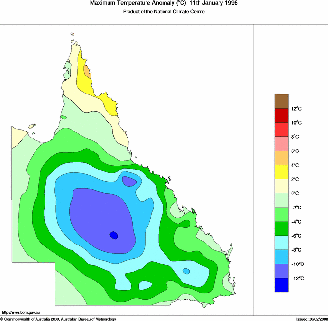 Daily maximum temperature anomaly for Queensland