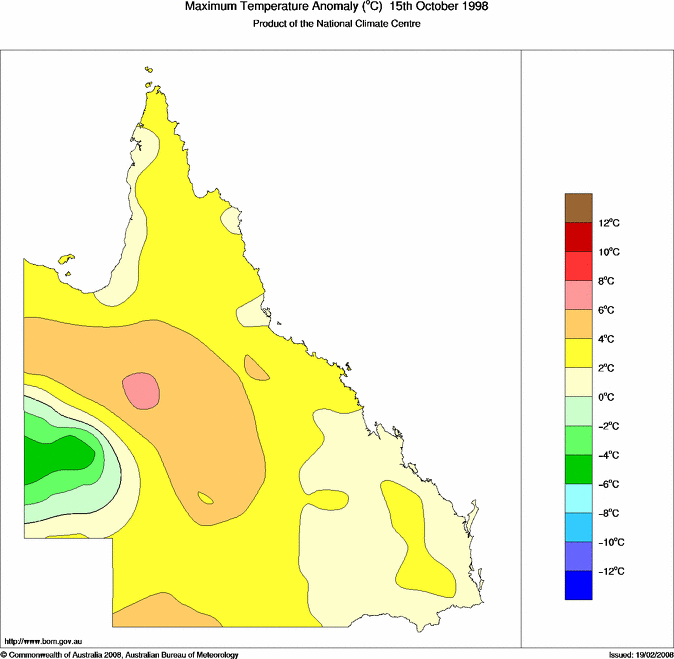 Daily maximum temperature anomaly for Queensland