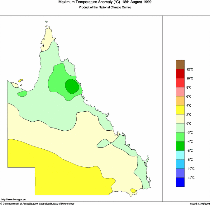 Daily maximum temperature anomaly for Queensland
