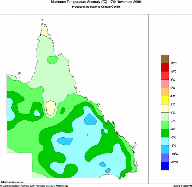 Daily maximum temperature anomaly for Queensland