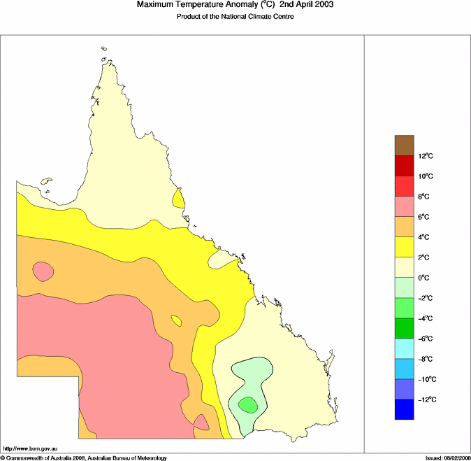 Daily maximum temperature anomaly for Queensland