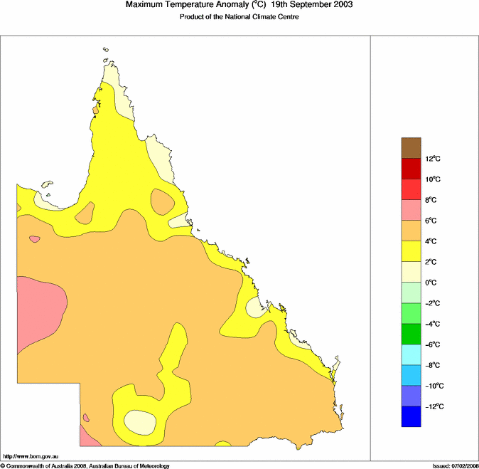 Daily maximum temperature anomaly for Queensland