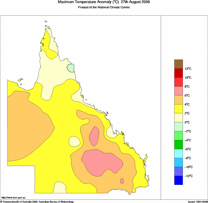 Daily maximum temperature anomaly for Queensland