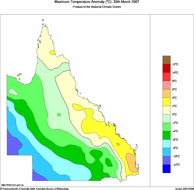 Daily maximum temperature anomaly for Queensland