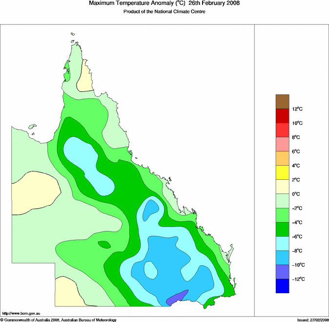 Daily maximum temperature anomaly for Queensland