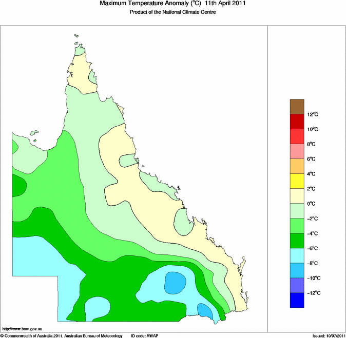 Daily maximum temperature anomaly for Queensland