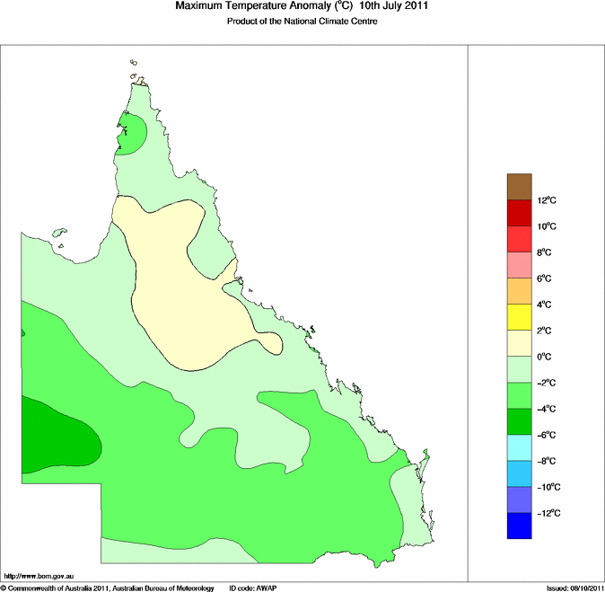 Daily maximum temperature anomaly for Queensland