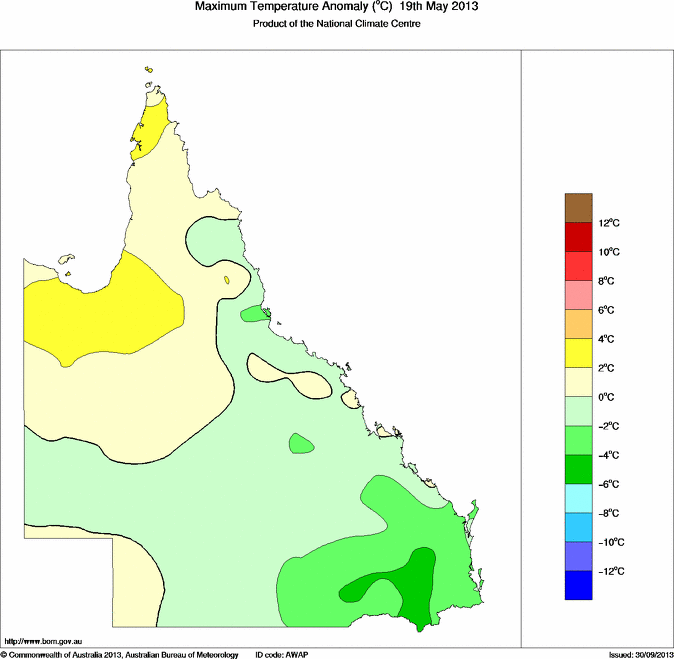 Daily maximum temperature anomaly for Queensland