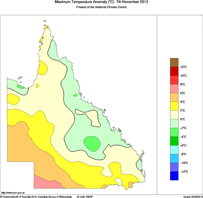Daily maximum temperature anomaly for Queensland