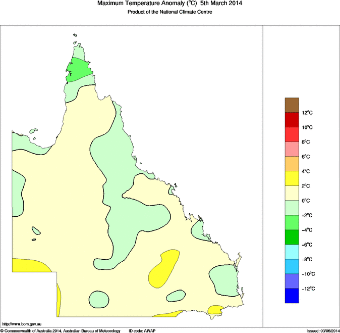 Daily maximum temperature anomaly for Queensland