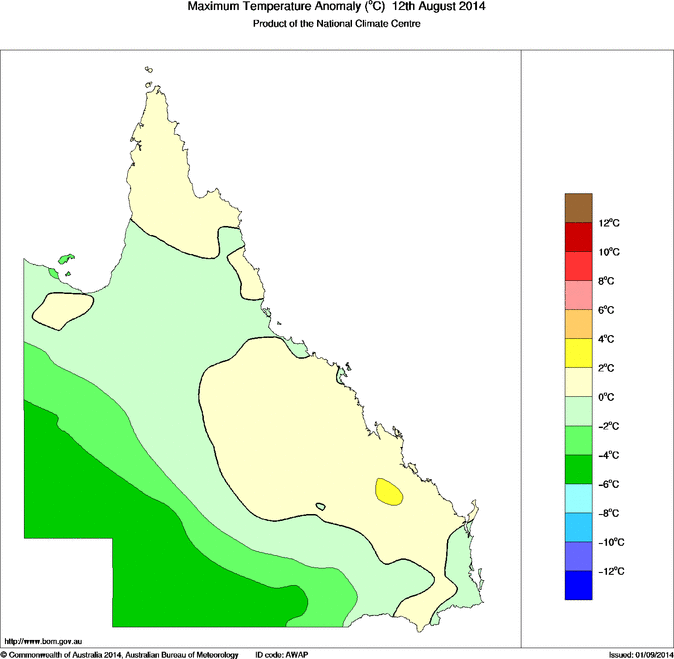 Daily maximum temperature anomaly for Queensland
