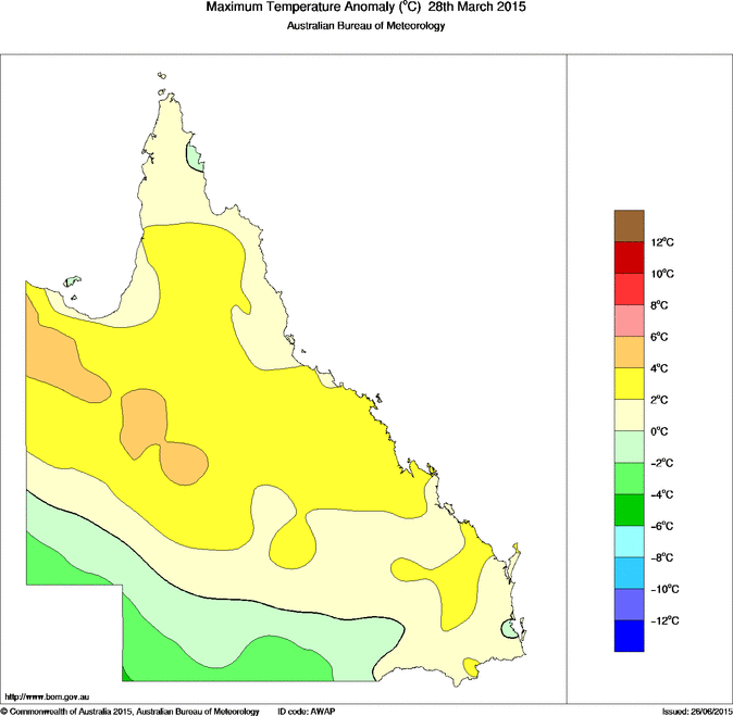 Daily maximum temperature anomaly for Queensland