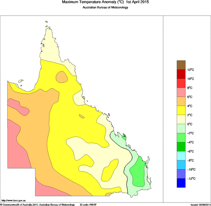 Daily maximum temperature anomaly for Queensland
