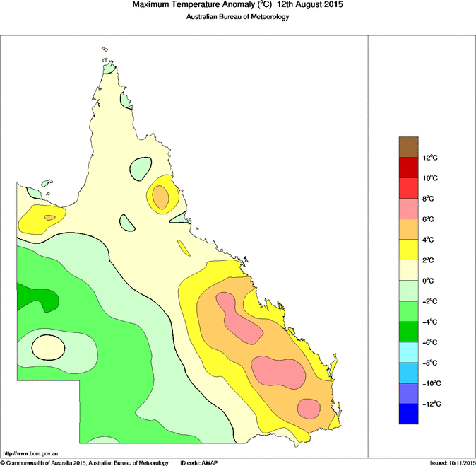 Daily maximum temperature anomaly for Queensland