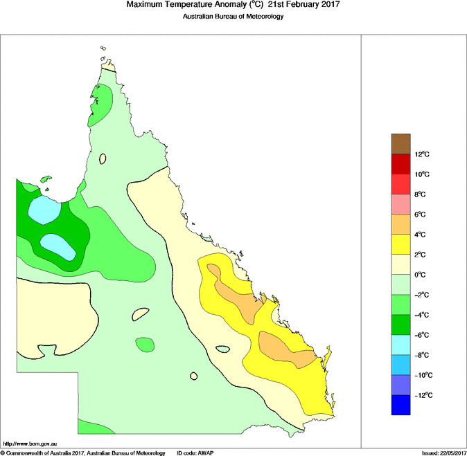 Daily maximum temperature anomaly for Queensland