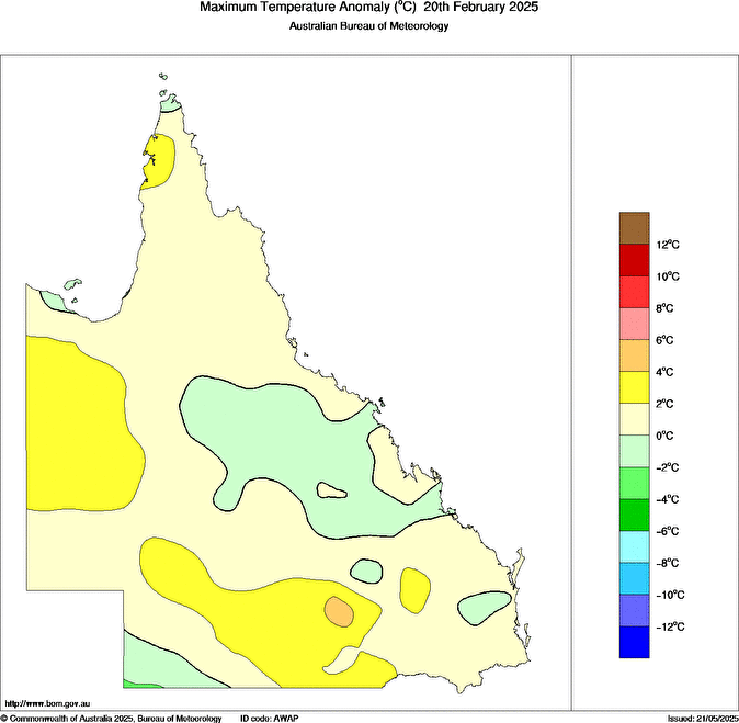 Daily maximum temperature anomaly for Queensland