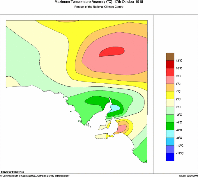 Daily maximum temperature anomaly for South Australia