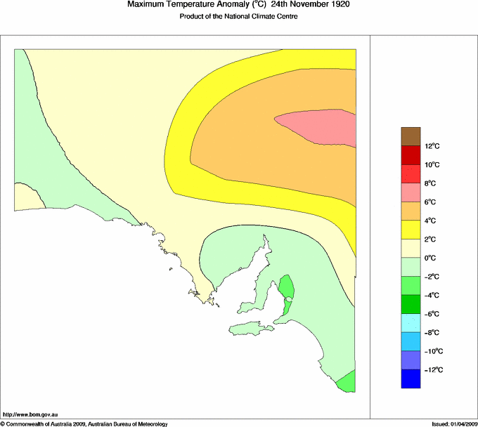 Daily maximum temperature anomaly for South Australia