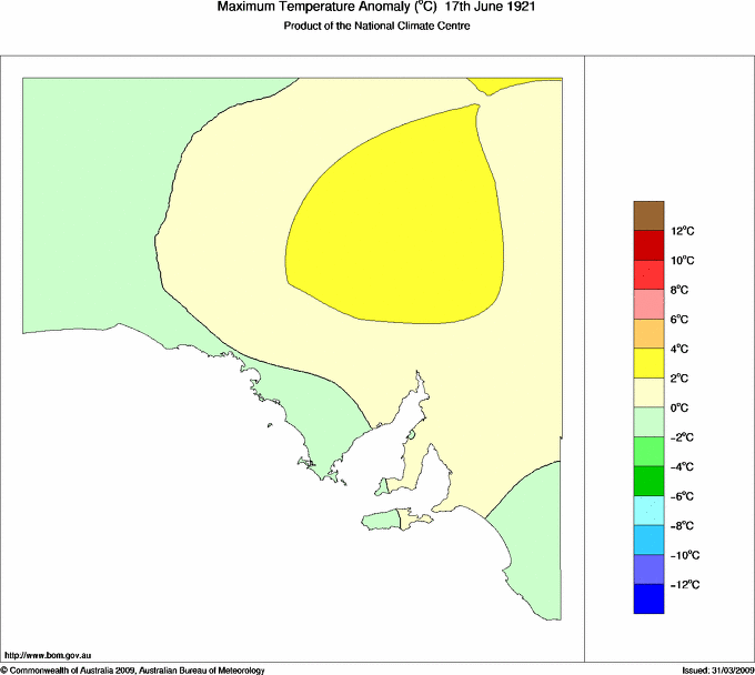 Daily maximum temperature anomaly for South Australia